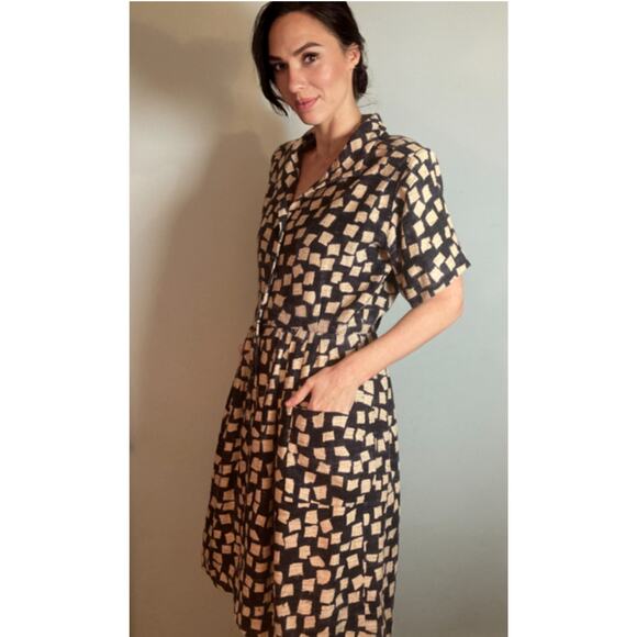 Yves Saint Laurent Rive Gauche Vintage 70s/80s Linen Print Dress Sz 44 - Picture 3 of 8